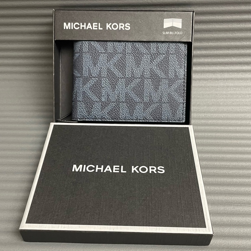 Michael Kors ADMRL/PLBLUE Slim Billfold Wallet New 6 Card Slots Luxury Gift NIB